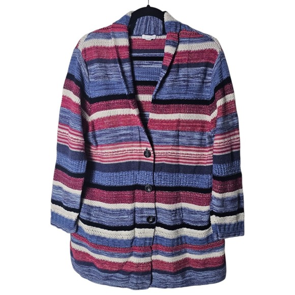 J. Jill Sweaters - J. Jill Cardigan Sweater XL Blue Pink Striped Shawl Collar Button Front Grandma